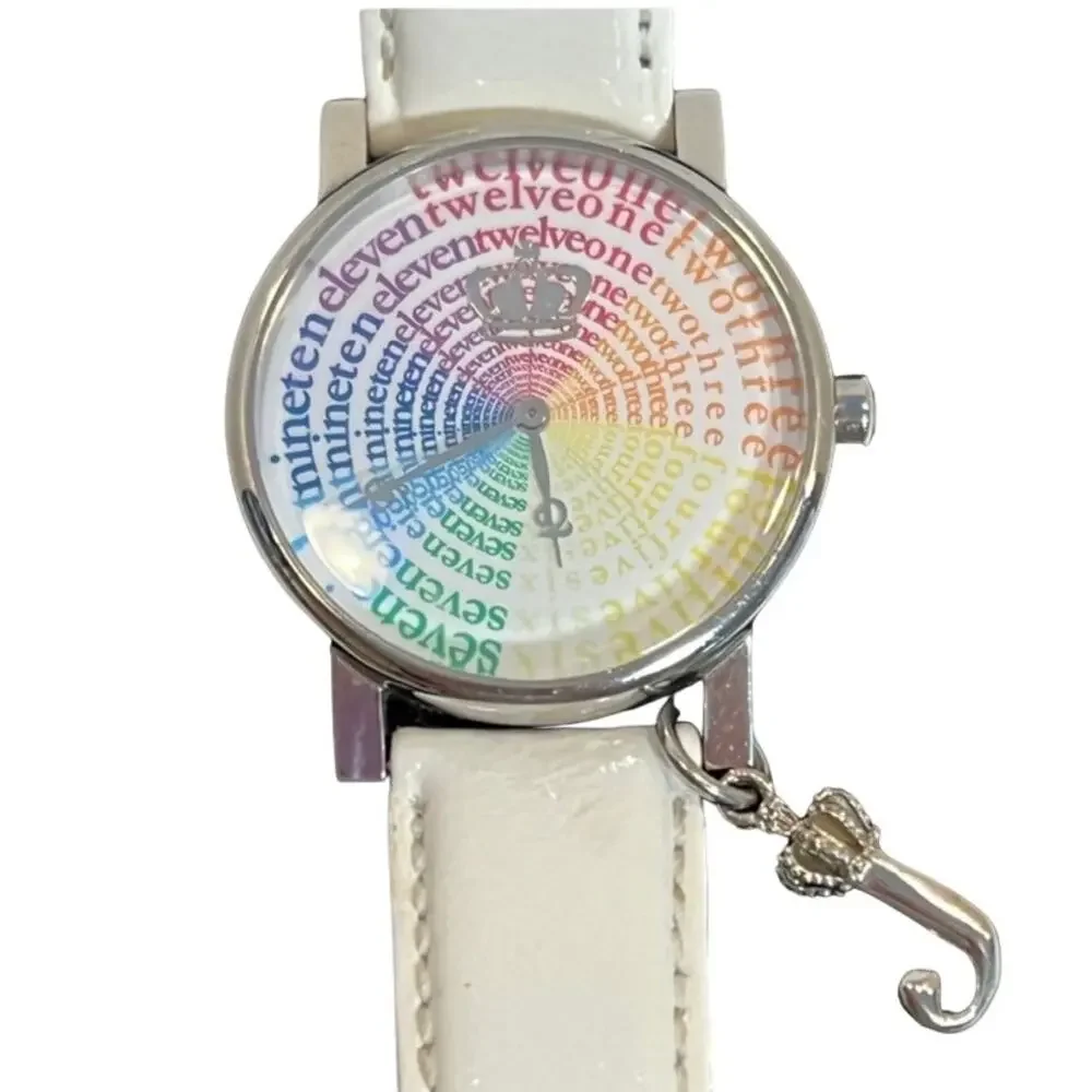 Juicy Couture Watch Rainbow Number Face Silver J Charm White Leather Strap
